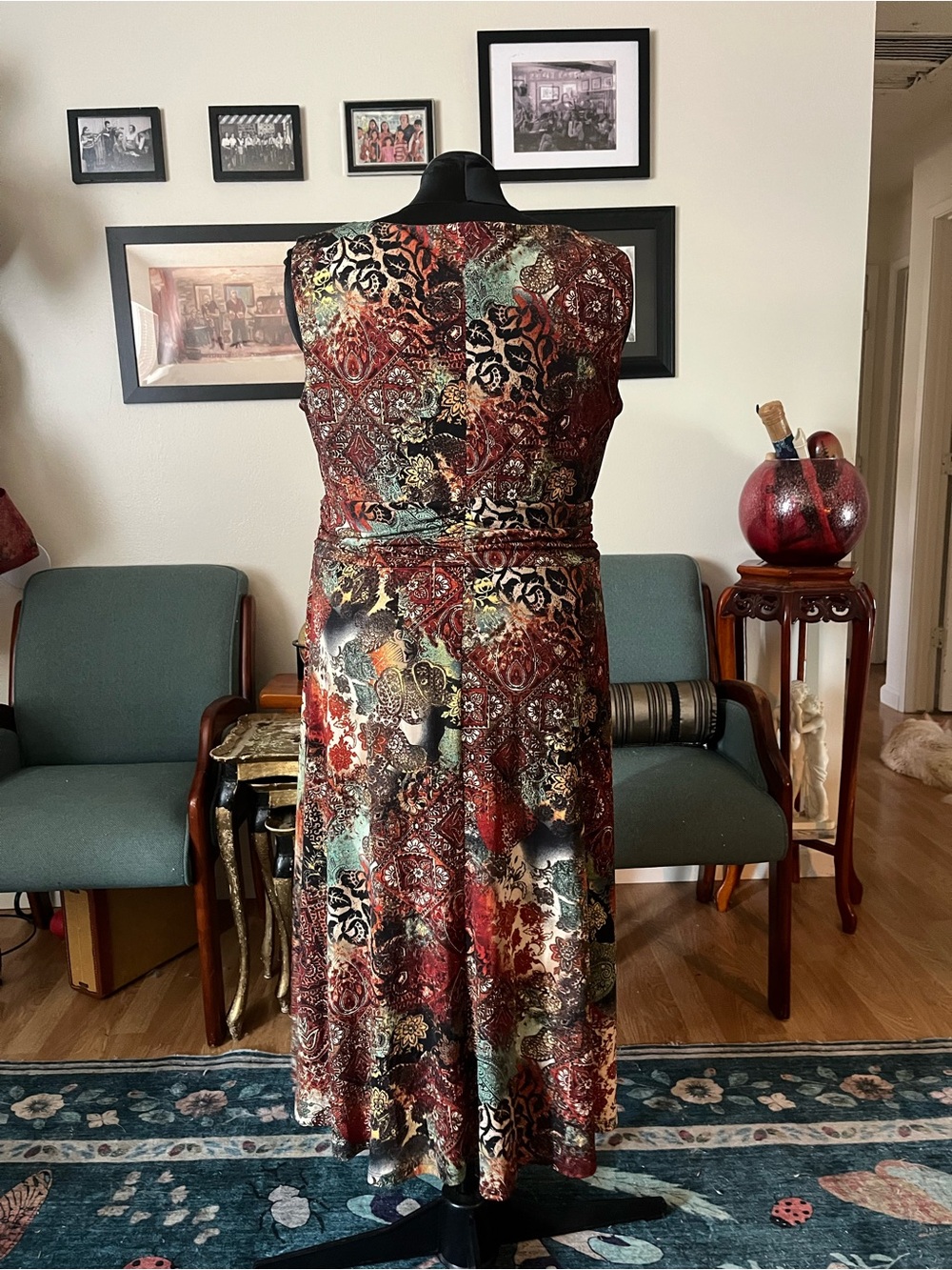 Sleeveless Midi Dress in Multi-Color Medallion Print